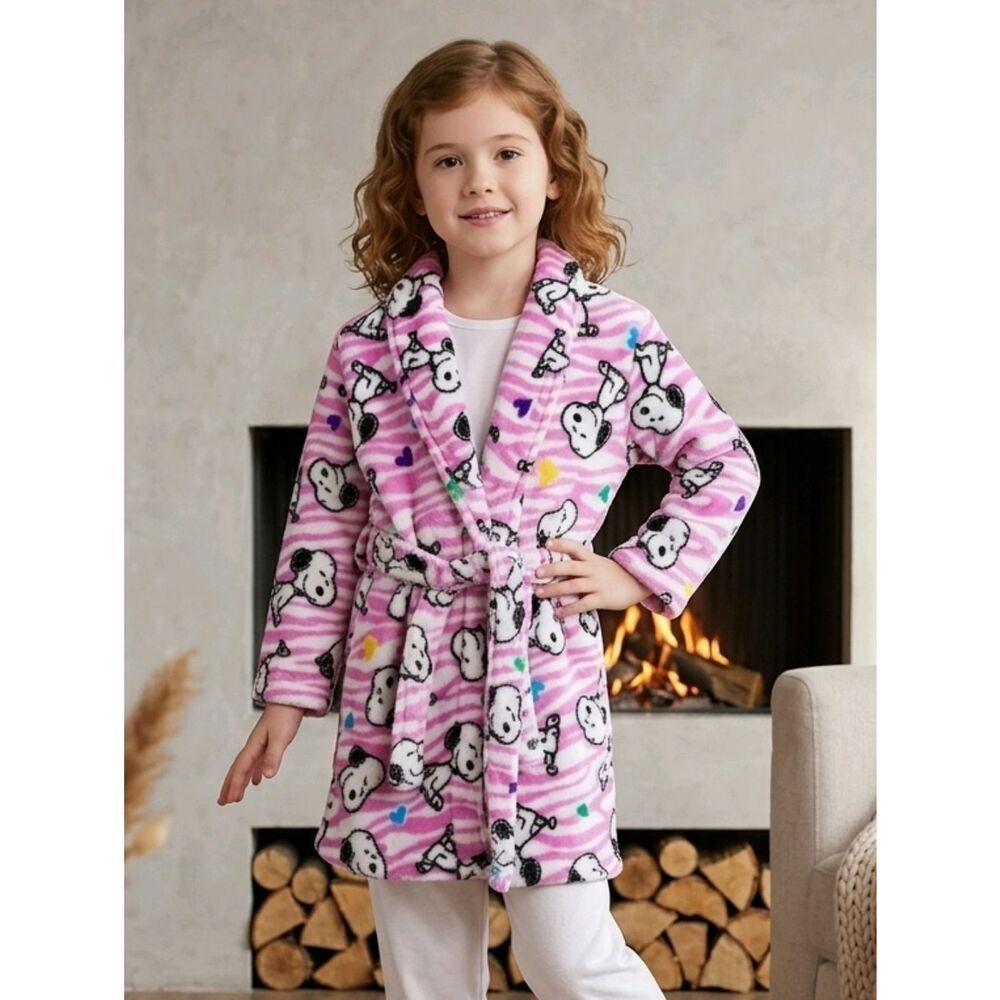 SNOOPY Girls Robe Plush Fleece Pink Striped Bathrobe Belted XS 4/5 Toddler Kids